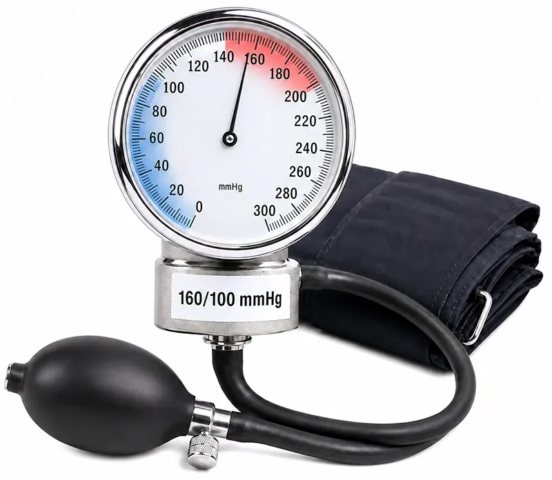 Blodtrycksmätare som visar högt blodtryck över 140/90 mmHg