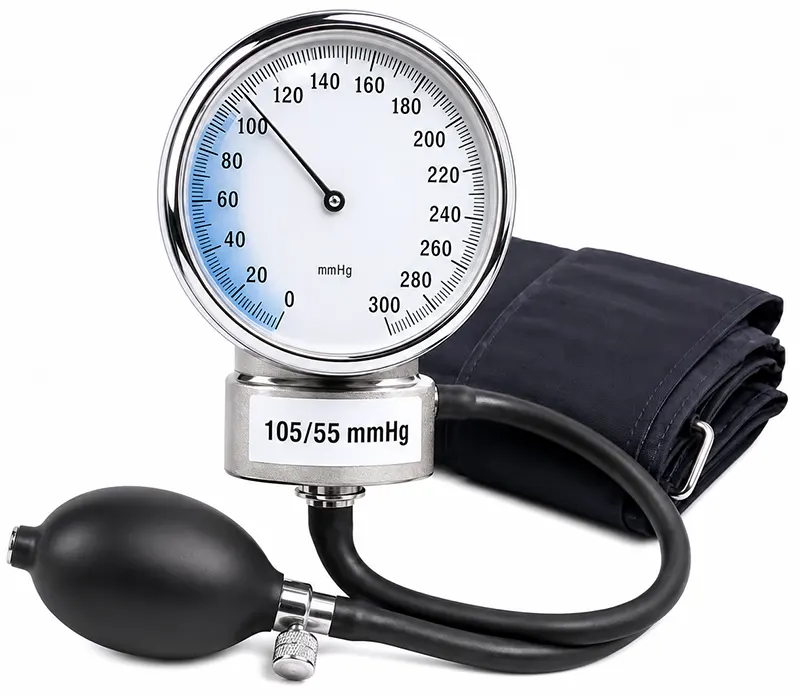 Blodtrycksmätare som visar lågt blodtryck under 110/60 mmHg
